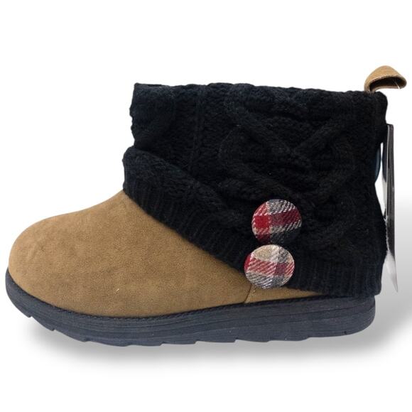 MUK LUKS Patti Cable Knit Sweater Cuff Booties 7 Red Gray Plaid Brown Black - Picture 1 of 7